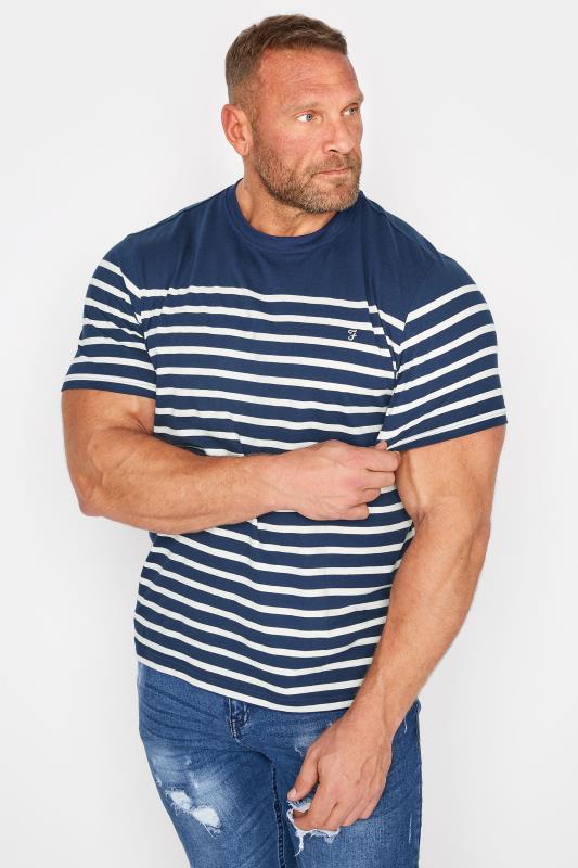 FARAH Big & Tall Navy Blue Organic Stripe Print Ringer T-Shirt 1