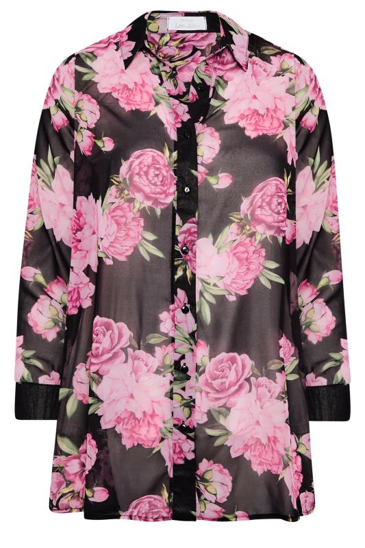 YOURS LONDON Plus Size Curve Black & Pink Floral Print Longline Shirt | Yours Clothing  6
