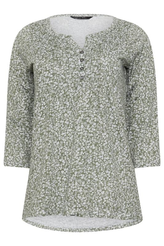 M&Co Green Floral Print Cotton Henley T-Shirt | M&Co 5