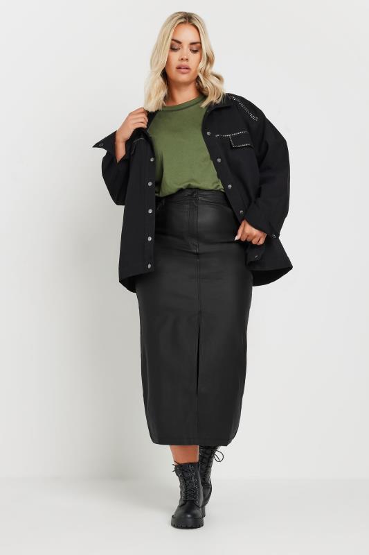 YOURS Plus Size Black Coated Split Hem Midaxi Skirt | Yours Clothing 7