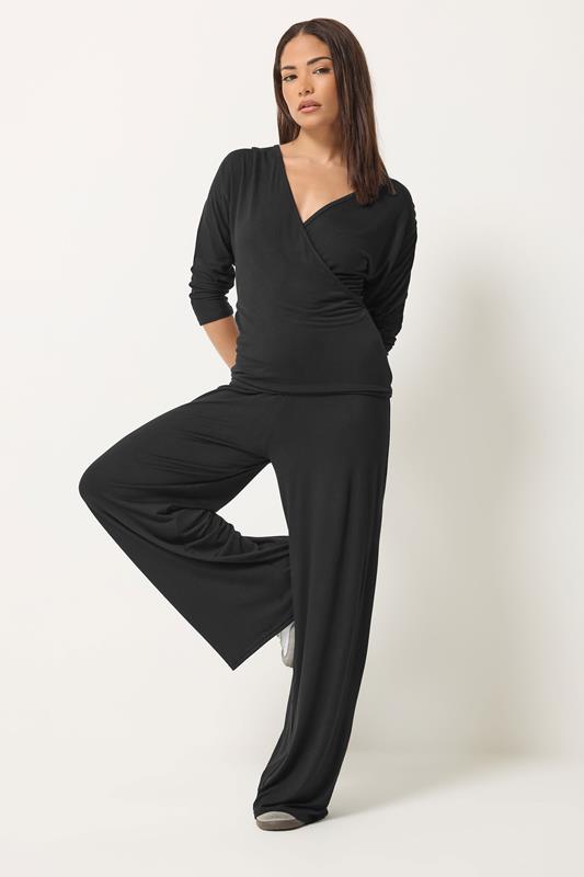PixieGirl Petite Women's Set Black Wrap Top & Wide Leg Trousers | PixieGirl 1
