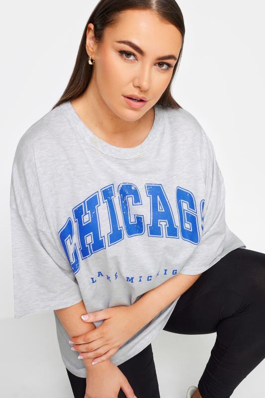 YOURS Plus Size Light Grey 'Chicago' Slogan Oversized Boxy T-Shirt | Yours Clothing 4