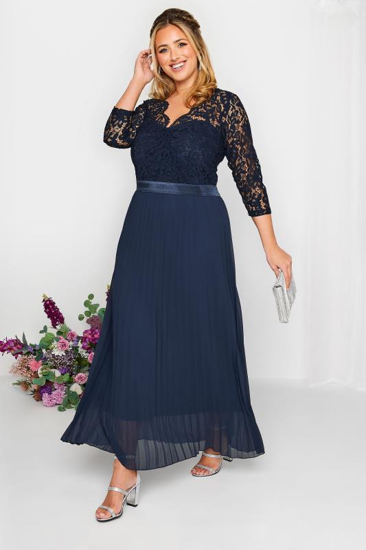  Grande Taille YOURS LONDON Curve Navy Blue Lace Pleated Maxi Dress