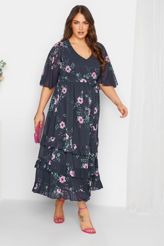 YOURS LONDON Plus Size Curve Navy Blue Floral Ruffle Hem Maxi Dress | Yours Clothing  3