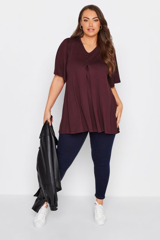 Plus Size Berry Red Pleat Angel Sleeve Swing Top | Yours Clothing 2