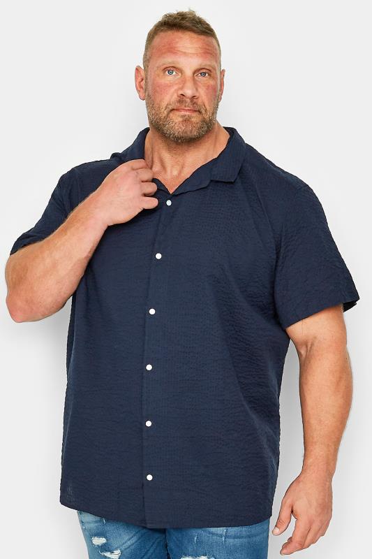  Tallas Grandes JACK & JONES Big & Tall Navy Blue Revere Collar Seersucker Shirt