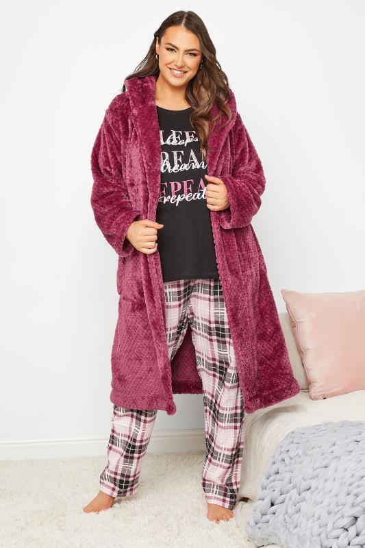 Plus Size  YOURS Curve Dark Pink Waffle Fleece Hooded Dressing Gown