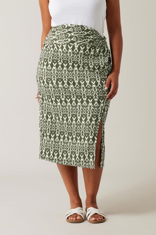 Plus Size  EVANS Curve Olive Green Ikat Print Crinkle Midi Skirt