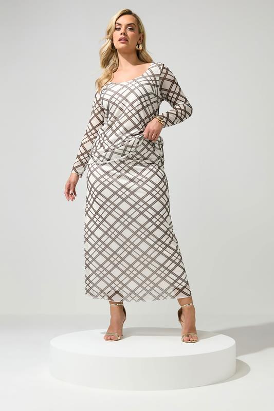 YOURS LONDON Curve Ivory White & Brown Check Maxi Skirt | Yours Clothing 1