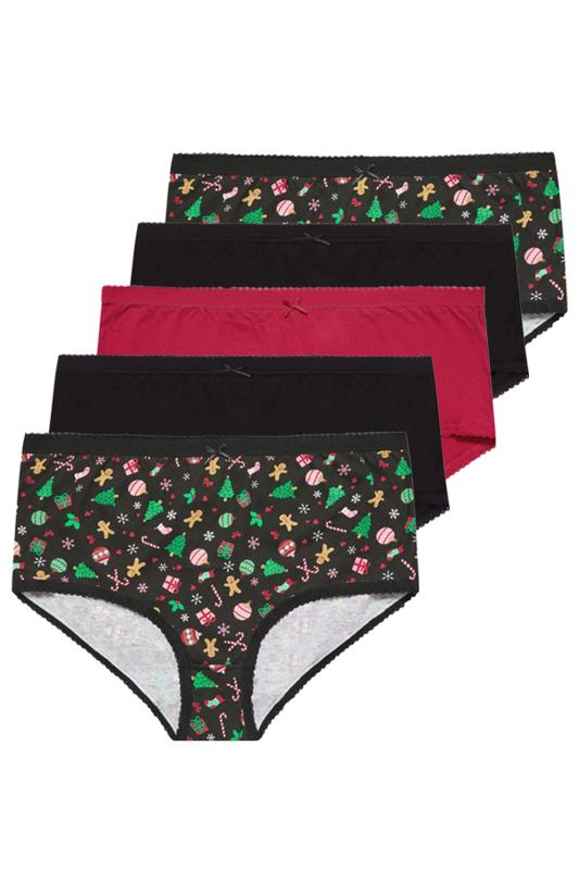 YOURS Plus Size 5 PACK Black & Red Christmas Print Full Briefs | Yours Clothing 3