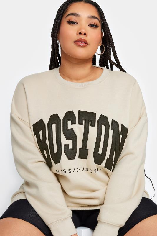YOURS Plus Size Beige Brown 'Boston' Embroidered Slogan Sweatshirt | Yours Clothing 5