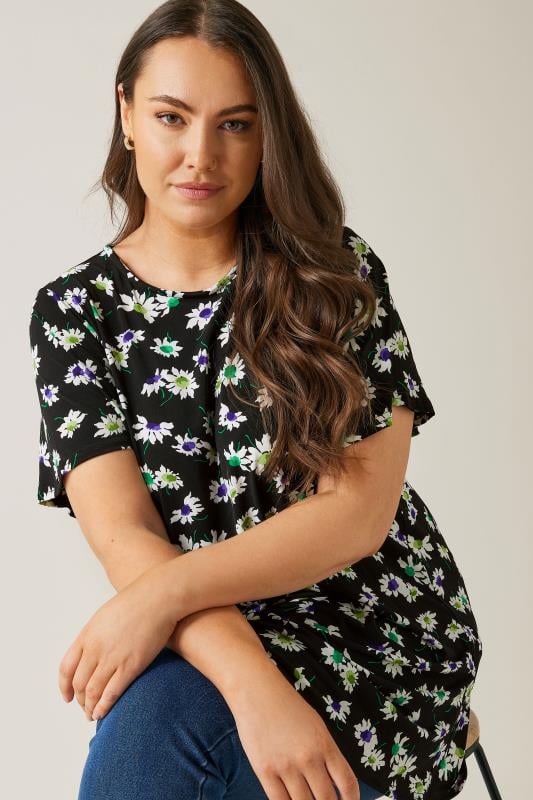 EVANS Plus Size Black Floral Print Angel Sleeve Top | Evans 4