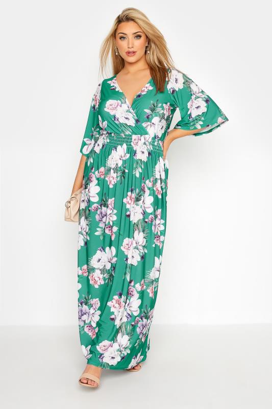 YOURS LONDON Curve Green Floral Shirred Waist Maxi Dress 3