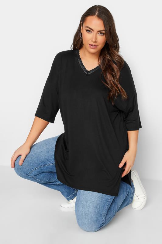 YOURS Plus Size Black Lace Neck T-Shirt | Yours Clothing 4
