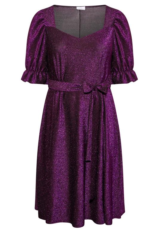 YOURS LONDON Plus Size Purple Glitter Puff Sleeve Midi Dress | Yours Clothing 6