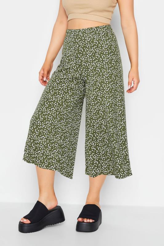 PixieGirl Khaki Green Ditsy Print Cropped Wide Leg Trousers | PixieGirl  1