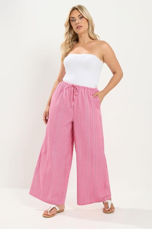YOURS Plus Size Pink Striped Wide Leg Trousers | Yours Clothing 1