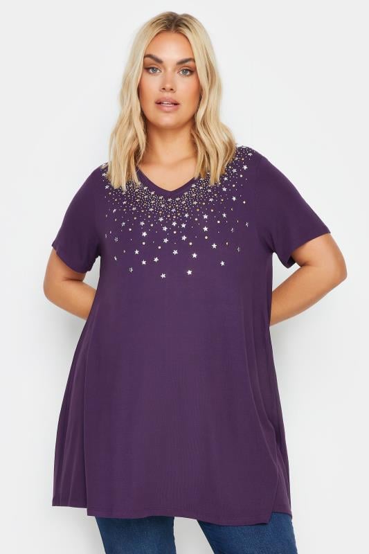  Grande Taille YOURS Curve Purple Star Stud Embellished Top