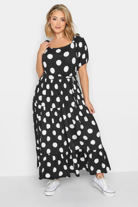 YOURS Plus Size Black Polka Dot Print Tiered Maxi Dress | Yours Clothing 1