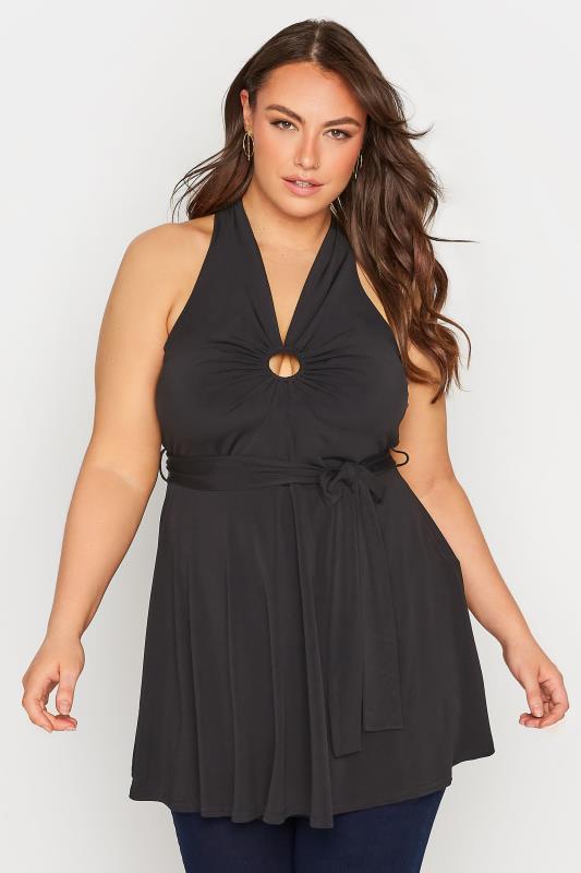 YOURS LONDON Plus Size Black Ring Detail Halter Neck Top | Yours Clothing 4