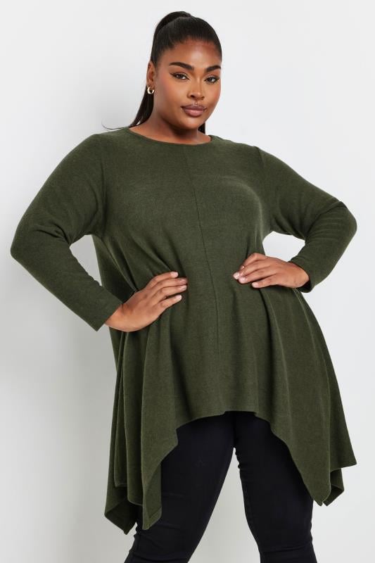 YOURS Plus Size Khaki Green Hanky Hem Top | Yours Clothing  1