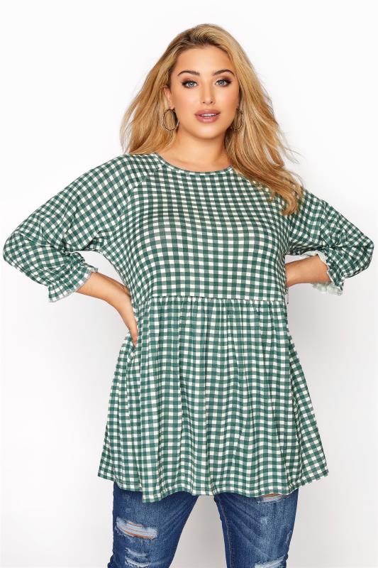 LIMITED COLLECTION Curve Green & White Gingham Smock Top 1