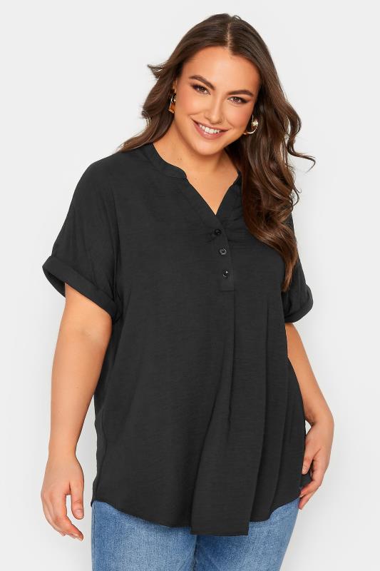 YOURS Plus Size Black Half Placket Short Sleeve Blouse | Yours Clothing 1