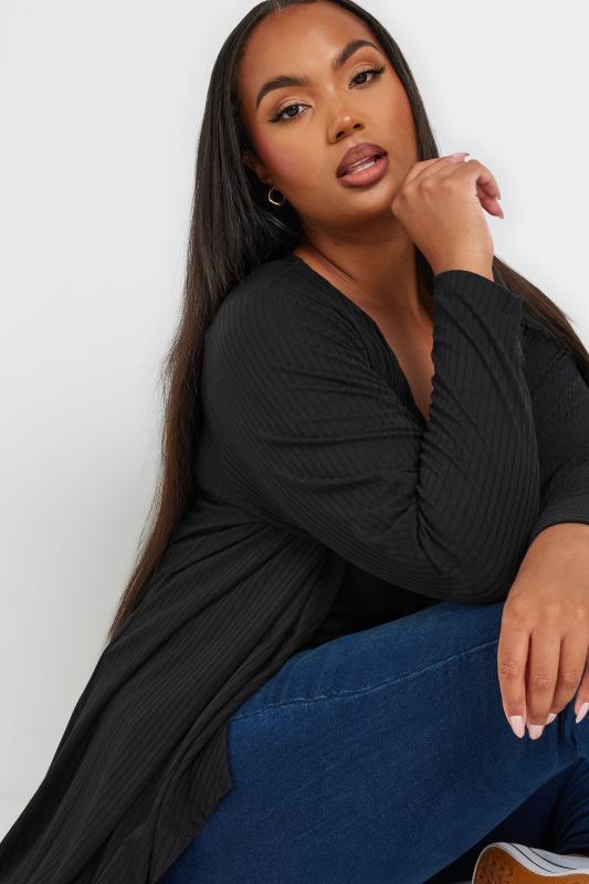 YOURS Plus Size Black Ribbed Waterfall Maxi Cardigan | Yours Clothing  2