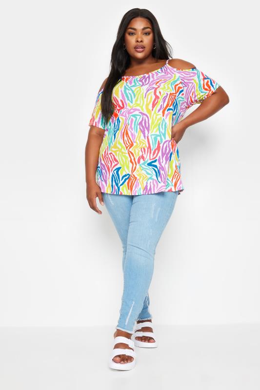 YOURS Plus Size White Rainbow Zebra Print Cold Shoulder Top | Yours Clothing 2