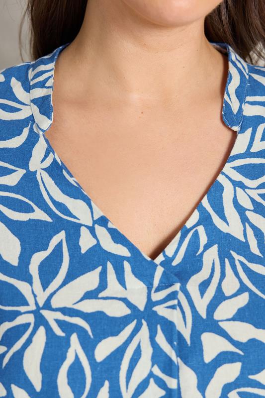 EVANS Plus Size Blue Premium Linen Leaf Print Shift Dress | Evans 5
