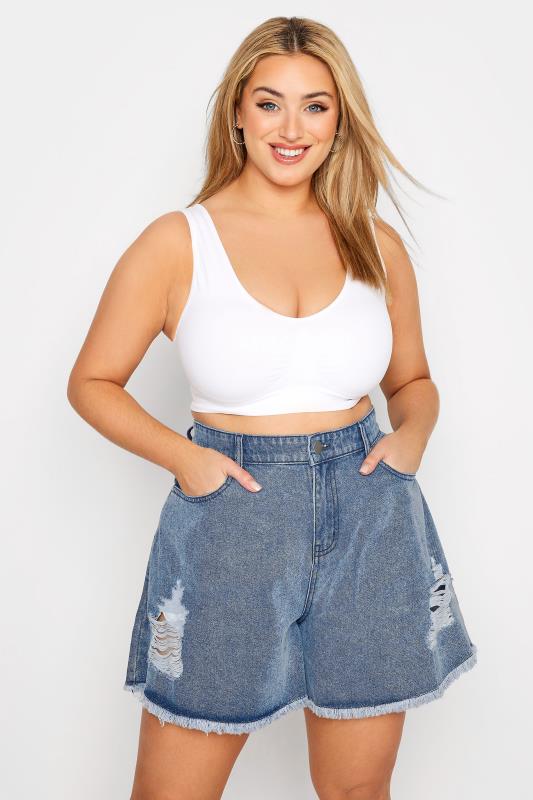  Grande Taille Curve Mid Blue Ripped Floaty Denim Shorts