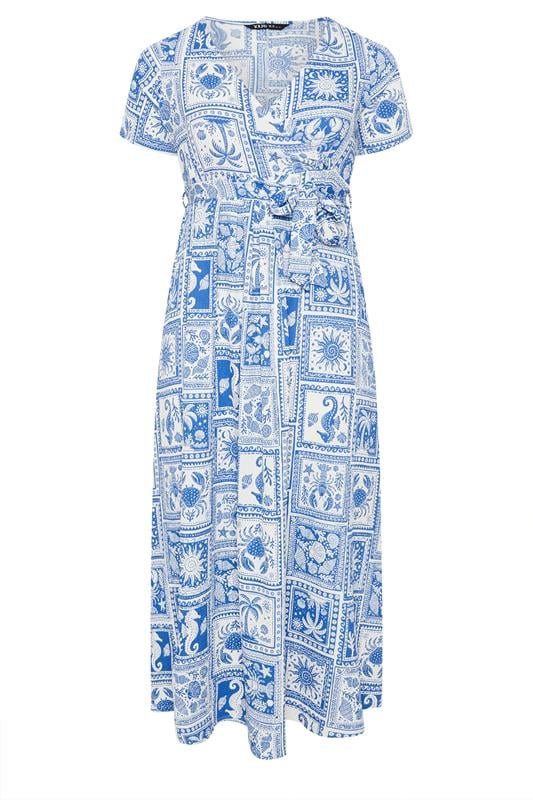 YOURS Plus Size Blue Mixed Palm Tree Wrap Front Dress | Yours Clothing 5