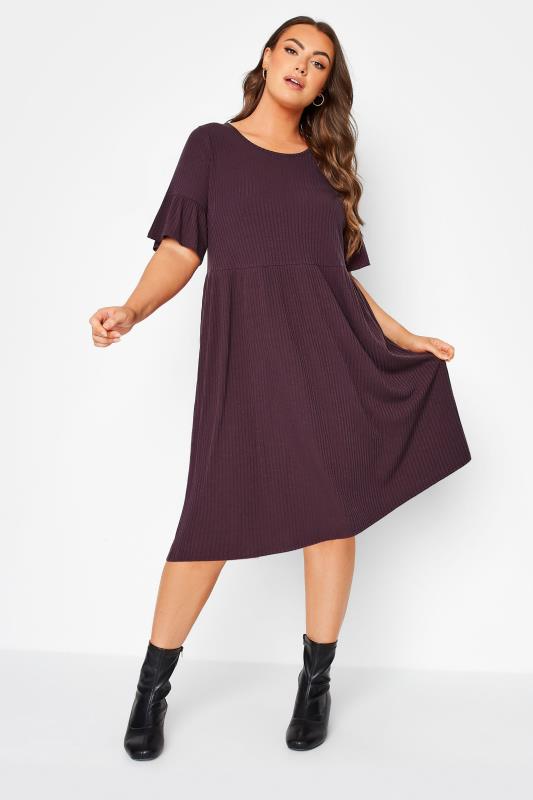 Plus Size Plum Purple Ribbed Smock Dress | Yours Clothing 2