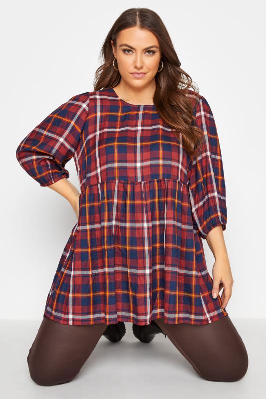 Plus Size  Curve Red Check Balloon Sleeve Peplum Top
