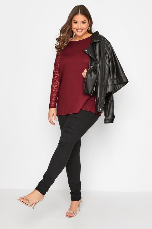 LIMITED COLLECTION Plus Size Wine Red Lace Sleeve Top | Yours Clothing 2