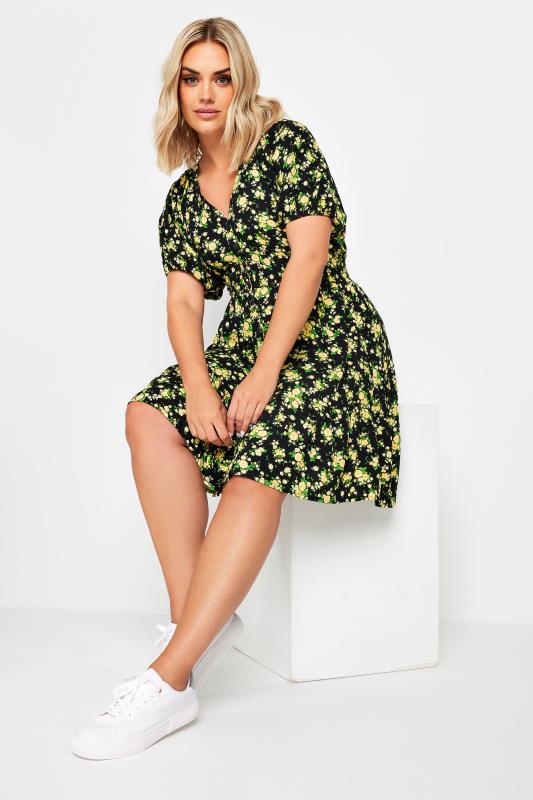 YOURS Plus Size Yellow Floral Print Button Through Dress | Yours Curve  1