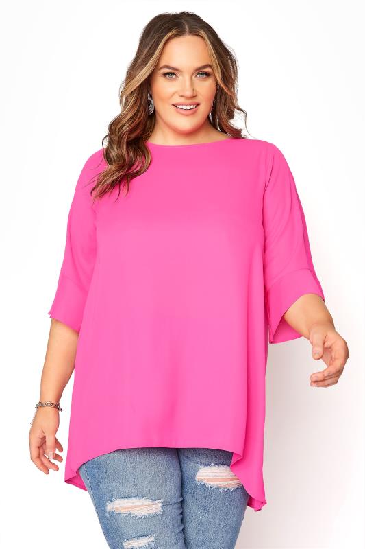 Bright Pink Flute Sleeve Tunic | Yours Clothing