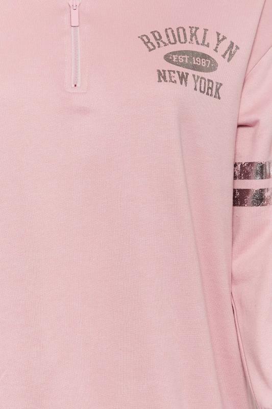 Plus Size Pink Metallic 'Brooklyn' Varsity Half Zip Sweatshirt | Yours Clothing 5