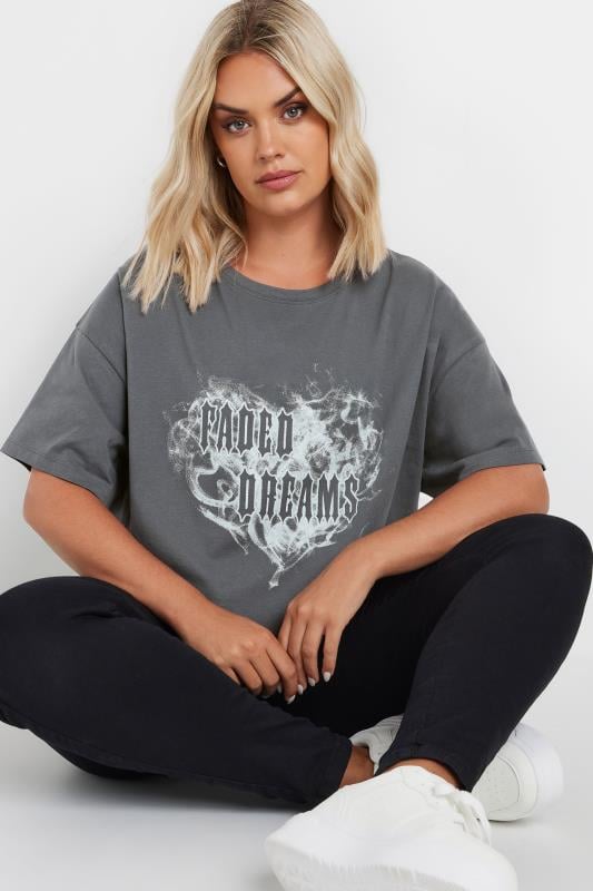  Tallas Grandes YOURS Curve Grey 'Faded Dreams' Slogan T-Shirt