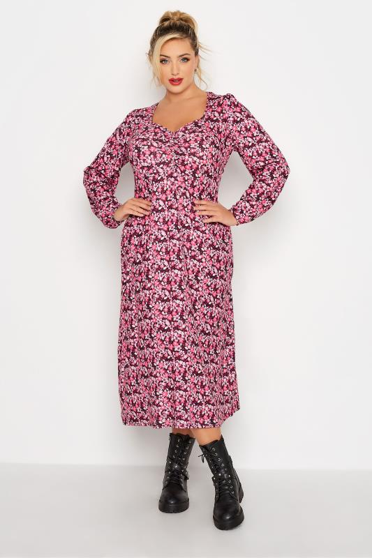 LIMITED COLLECTION Curve Pink Ditsy Ruched Midi Dress 1