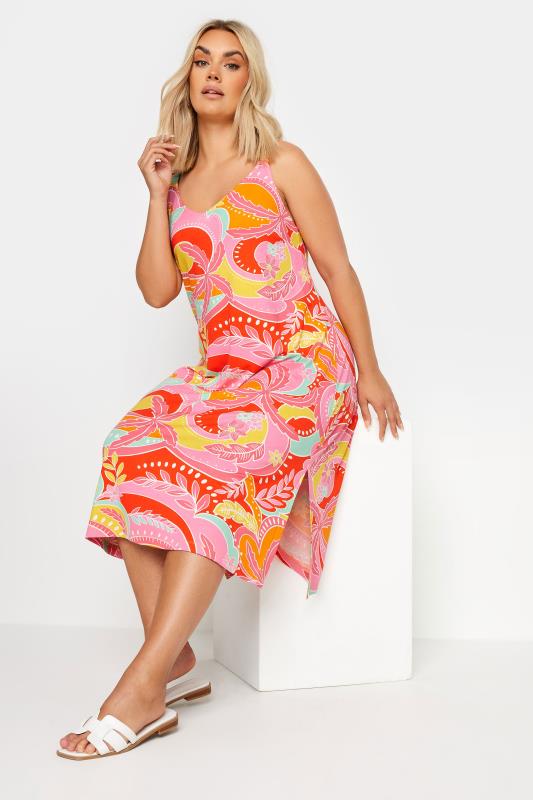  YOURS Curve Pink Retro Tropical Print Beach Dress