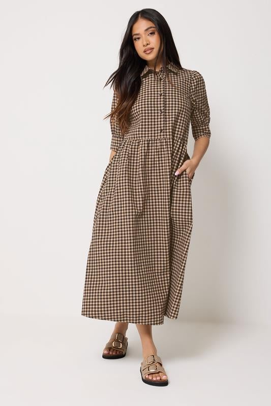  PixieGirl Petite Brown Gingham Print Cotton Shirt Midi Dress