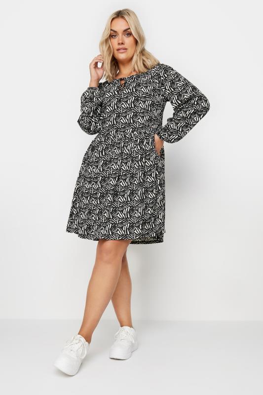 YOURS Plus Size Black & White Abstract Print Long Sleeve Mini Dress | Yours Clothing 1