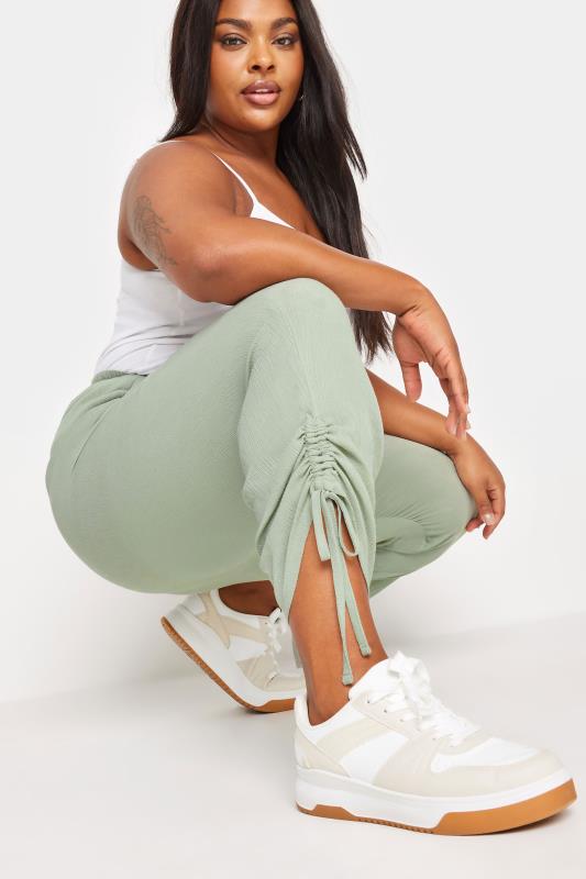 YOURS Plus Size Sage Green Crinkle Ruched Cropped Trousers | Yours Clothing 3