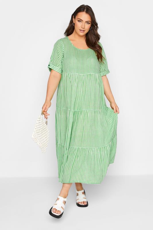 LIMITED COLLECTION Curve Green Gingham Tiered Smock Dress 2