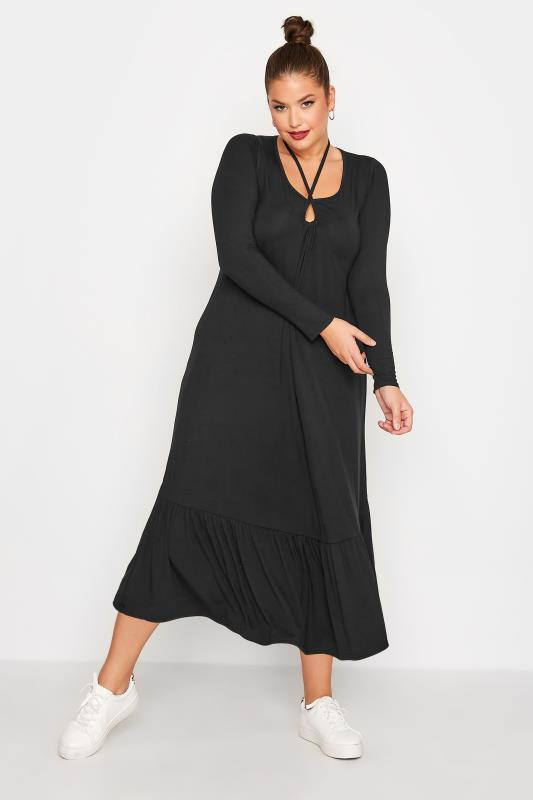 LIMITED COLLECTION Plus Size Black Keyhole Tie Neck Midaxi Dress | Yours Clothing 1