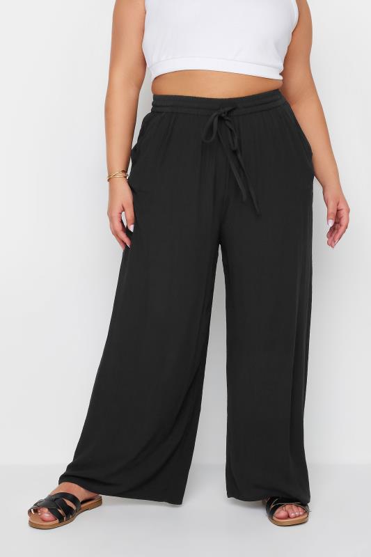Plus Size  Black Crinkle Drawstring Trousers