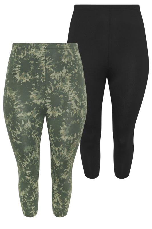 YOURS Plus Size 2 PACK Black & Khaki Green Tie Dye Cropped Leggings | Yours Clothing 6