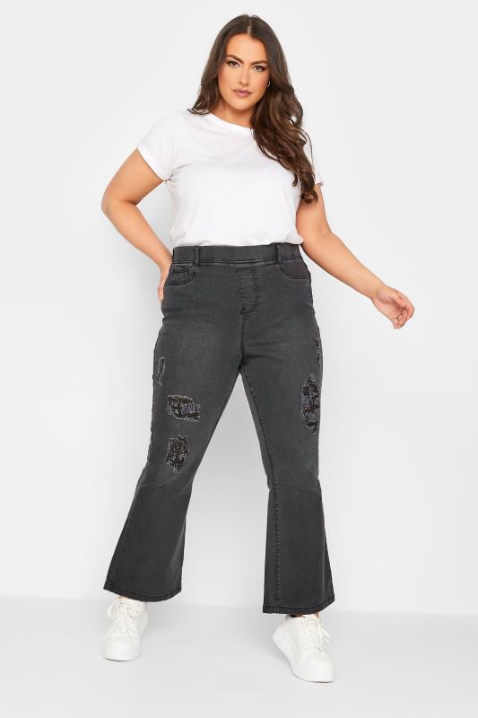 Plus Size Black Washed Ripped Pull-On HANNAH Bootcut Jeggings | Yours Clothing 2