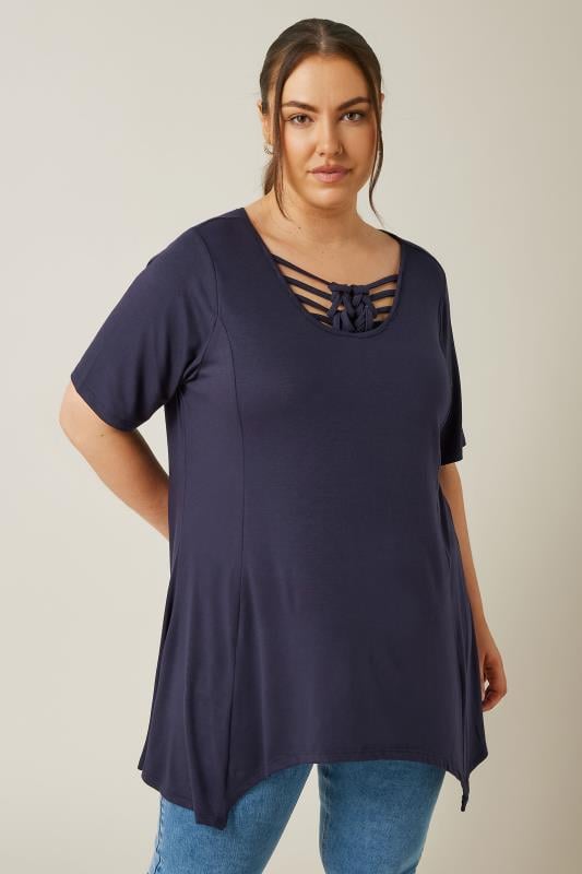 Plus Size  Evans Navy Cut Out Knotted T-Shirt